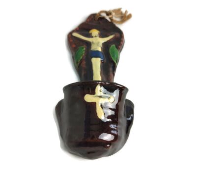 Vintage Holy Water Font Ceramic Poterie du vieil annecy Crepin France Crucifix