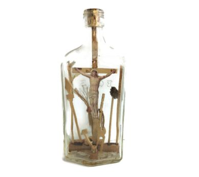 Folk Art hand Made Crucifix Tools of Passion Jesus Christ Wood in Glass Bottle Vintage