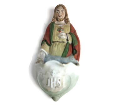 Vintage Holy Water Font Porcelain Wall Hanging Jesus Christ Vessel lovely