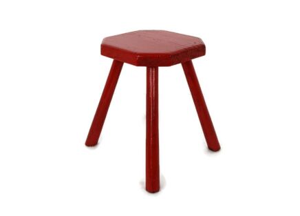 Hand Carved wood Milking Stool Pedestal Table Pedestal Barn Style Funky 4 legs Plant stand Painted red