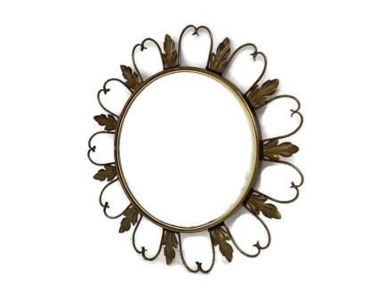 Retro Modernist Starburst Sunburst Brass Wall Convex  Mirror Mid Century Modern Leafs HTF