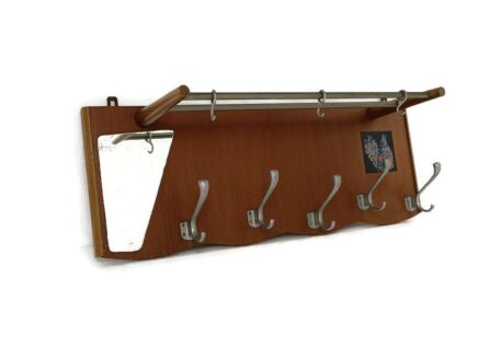 Vintage Wall Coat Rack Shelf Mid Century Modern Railroad Industrial Wood Chrome Ceramic Tile Pop Art