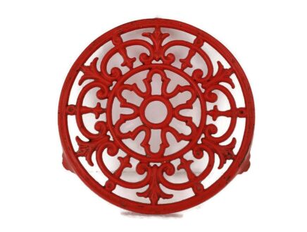 Antique Wrought  Steel Decorative Round  Trivet French Painted red Antique Cast Iron  Architectural Ornate Reclaimed Hardware coaster