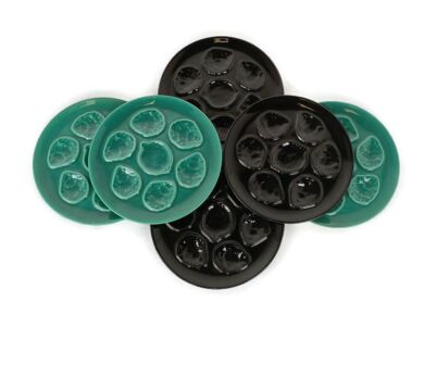 Set of 6 French Oyster Plates Porcelain Pottery Faience black and Green  Vintage