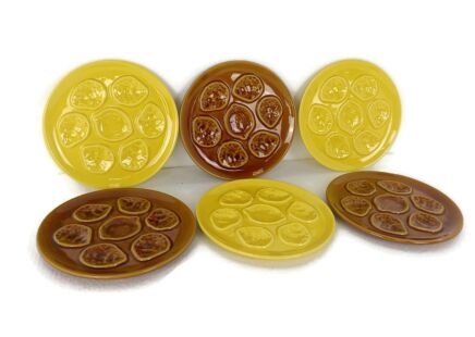 Set of 6 French Oyster Plates Porcelain Pottery Faience Brown and Yellow  Vintage