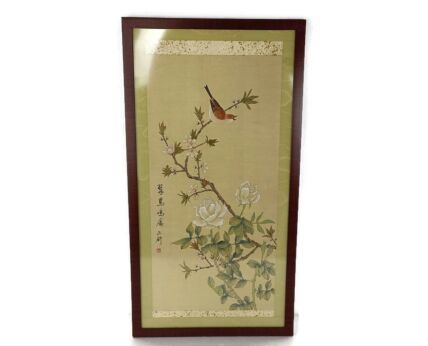 Vintage Chinese Silk Painting Scroll Framed Panel Nightingale Lovely 