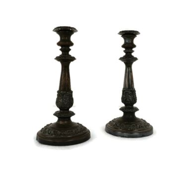 Pair Couple Silver plated Antique 19th Century Red Copper Candle Holders Sticks 