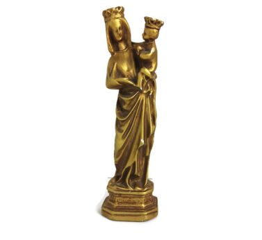 Small figurine statue Plaster gold painted Virgin mary Madonna with Infant Jesus Lovely vintage