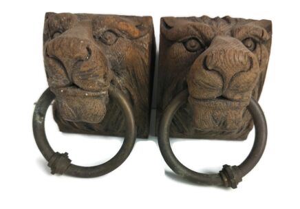 Antique Pair Corbels Hand Carved Wood Architectural reclaimed Lion Heads with ring