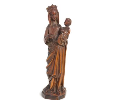 figurine statue Virgin mary Madonna with Infant crowned Hand carved wood Lovely