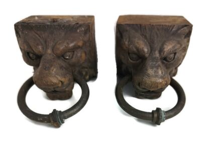 Antique Pair Corbels Hand Carved Wood Architectural reclaimed Lion Heads with ring Trims