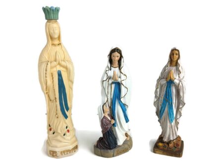 set of 3 statue figurines Lourdes Virgin Mary Bernadette Holy Water Bottle resine plastic