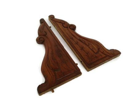 Pair French Corbels Hand Carved Wood  Pediment Ornate Finial Architectural Brackets Finials 