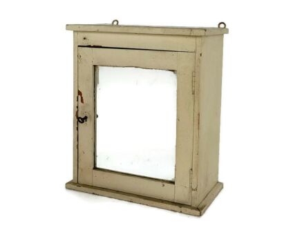 Vintage  White Painted Wood Medicine Wall Cabinet Apothecary Rustic Barn Country Style