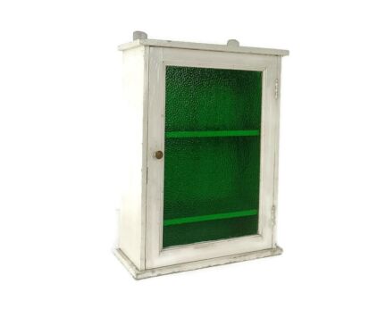 Vintage White Painted Wood Bubbled green Glass Door Medicine Wall Cabinet Apothecary Barn Style