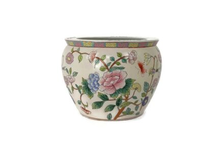 Vintage Chinese Porcelain Enamel  Koi Fish Bowl Planter Vase  Flowers Cachepot  10"