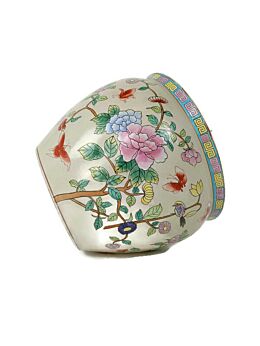 Vintage Chinese Porcelain Enamel  Koi Fish Bowl Planter Vase Birds Flowers Cachepot  12"