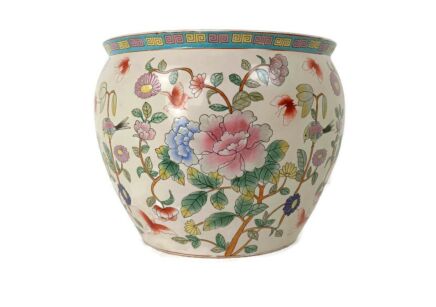 L Vintage Chinese Porcelain Enamel Famille Rose Koi Fish Bowl Planter Vase  Cachepot Flowers 14"