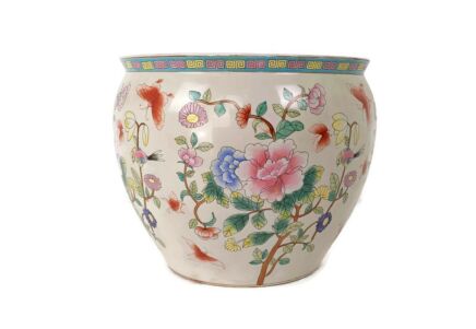 L Vintage Chinese Porcelain Enamel Famille Rose Koi Fish Bowl Planter Vase  Cachepot Flower Pot 16" 