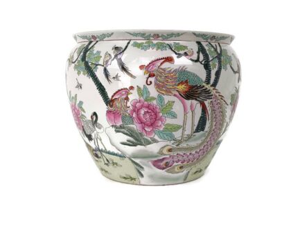 L Vintage Chinese Porcelain Enamel Famille Rose Koi Fish Bowl Planter Vase  Cachepot Flower Pot Bird Of paradise Peacock WOW