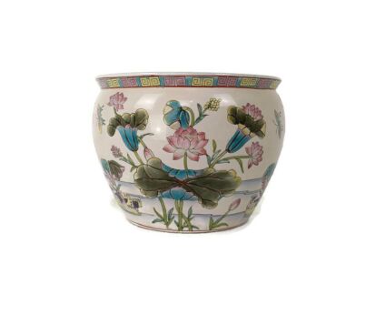 Vintage Chinese Porcelain Enamel  Koi Fish Bowl Planter Vase Birds Flowers Cachepot  Blue Flowers 12"