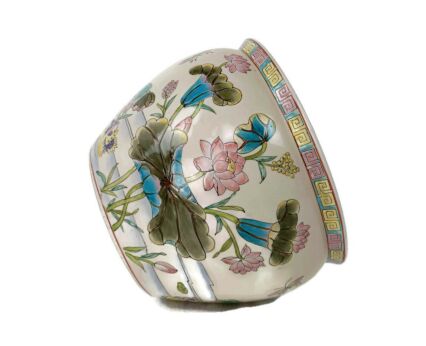 Vintage Chinese Porcelain Enamel  Koi Fish Bowl Planter Vase  Flowers Cachepot  Blue Flowers 10"