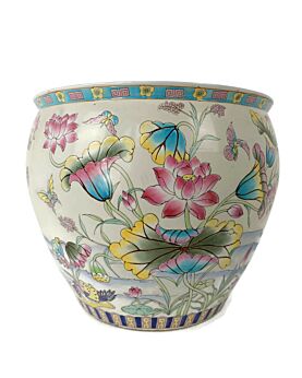 XL Vintage Chinese Porcelain Enamel Koi Fish Bowl Planter Vase  Cachepot Flower Pot 18"