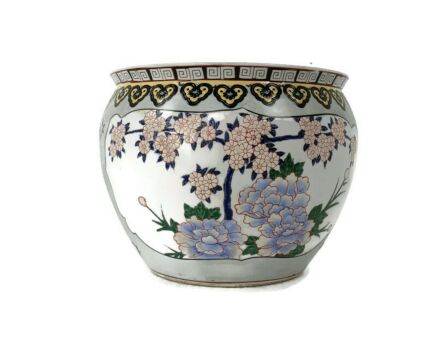 Chinese Porcelain Enamel Koi Fish Bowl Planter Vase Flowers Cachepot 10"  Vintage