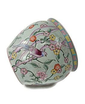 Gorgeous Chinese Porcelain  Bird of Paradise Koi  Bowl Planter Vase Birds Flowers Cachepot 12"