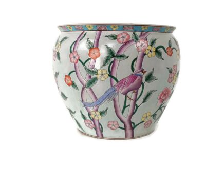 L Vintage Chinese Porcelain Enamel Nightingale Koi Fish Bowl Planter Vase  Cachepot Flowers 14"