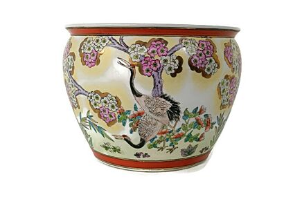 Vintage Birds Chinese Porcelain Enamel Koi Fish Bowl Planter Vase Flowers Cachepot 10" Lovely