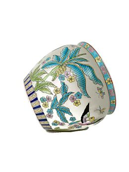 Vintage Chinese Porcelain Enamel Koi Fish Bowl Planter Vase Birds Flowers Cachepot Butterflies and Birds 12" 