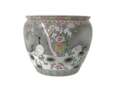 Vintage Chinese Porcelain Enamel Koi Fish Bowl Planter Vase  Cachepot  Stork 12"  Rare
