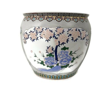 Huge Vintage Chinese Porcelain Enamel Koi Fish Bowl Planter Vase Cachepot 20"