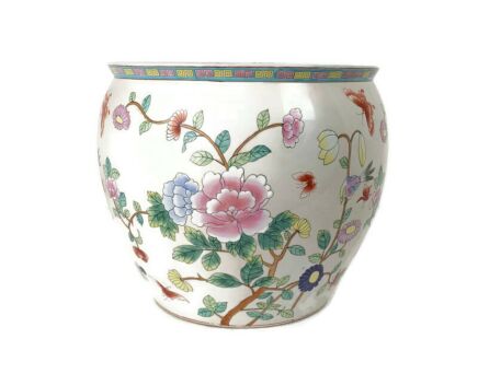 XL Vintage Chinese Porcelain Enamel Famille Rose Koi Fish Bowl Planter Vase  Cachepot Flower Pot 18"
