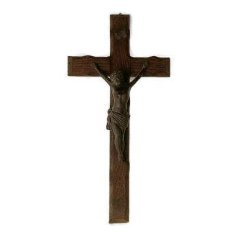 Large  hand Carved Wood Hanging Crucifix Jesus Christ Cross Vintage Corpus Christi Spelter 