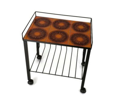 Vintage Side Table bar Cart ceramic orange tiles wrought iron funky 