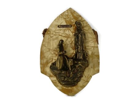 Art Deco Antique Wall hanging Lourdes Madonna Brass on Wood Faux Marble look