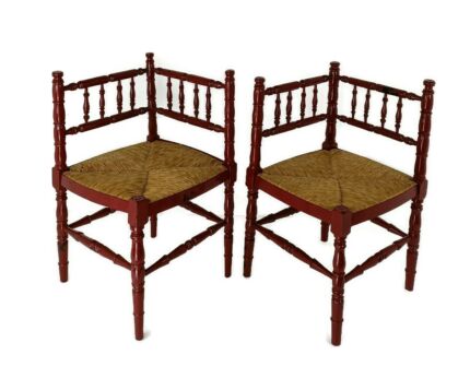 Couple Pair wood Corner Chair with Rush seat Spindles Edwardian Beautiful