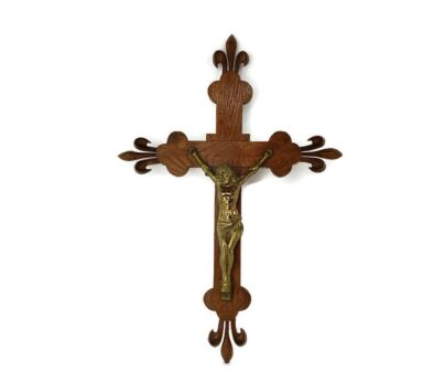 XL Hand Carved Wood French Hanging Ornate Crucifix Jesus Christ Fleur de Lis Spelter Corpus