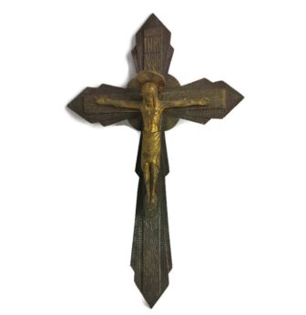 Vintage Ornate Brass  Wall Hanging Crucifix French   Ayez Pitie de Nous Cross 