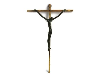 Hanging Crucifix Cross Small Wood Wooden Brass Polychrome Corpus Vintage Modernist