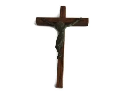 Small antique Brass Spelter Hanging Crucifix on wood Jesus Christ Priest Nun Christianity 