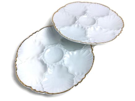2 Oyster Plates Porcelaine de Baudour Cerabel White with Golden Rim Belgium  