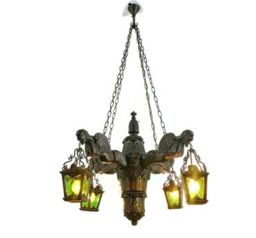 Gothic Chandelier Antique Gargouilles Oak Wood 1900 Huge 4 Lights exquisite