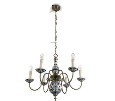 Delft Blue White Porcelain Ornate Brass Chandelier Dutch 6 Arms 6 Lights Country Style