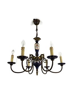 Cobalt Blue Italian Porcelain Vintage Chandelier 6 arms 6 lights Barn Country style Lovely