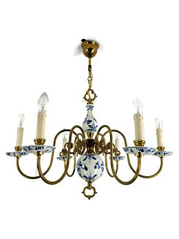 Chandelier Delft Blue white Porcelain Brass 6 arm Lights French Country style Vintage Gorgeous