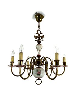 Flemish  Chandelier Style 6 Arm Lights Porcelain Flower Pattern Country  Barn Style Vintage