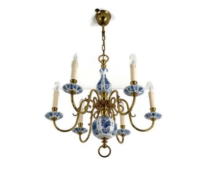 Vintage Delft blue White Chandelier modernist 6 lights 6 arm gorgeous french country style